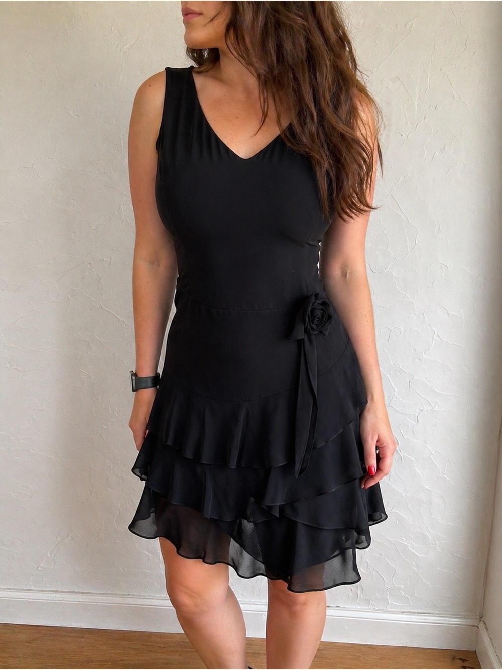 Ann Taylor LOFT Black Ruffle Cocktail Dress Rosette Waist